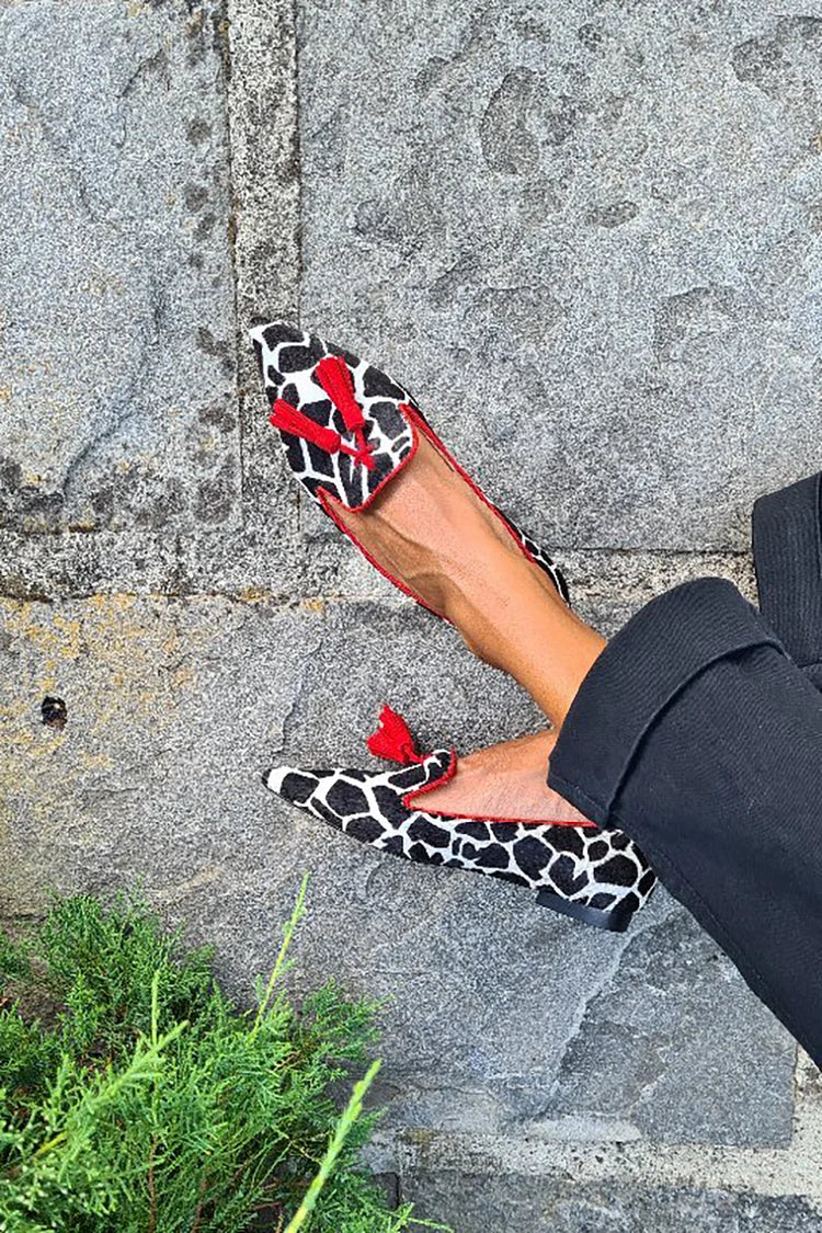 ANIMAL PRINT LOAFER WITH RED FRINGES