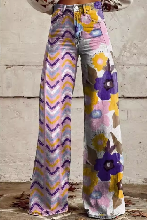 Valeria - Boho Art-Print Wide-Leg Pants