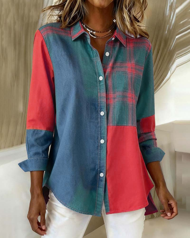Laluna® | Shirt with Notched Collar and Checked Contrast Design