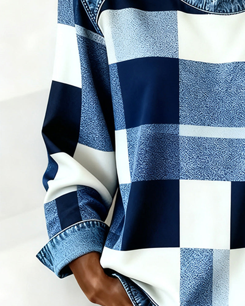 Laluna® | Sweatshirt with Check Patchwork and Contrast Color