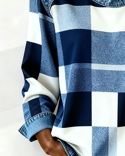 Laluna® | Sweatshirt with Check Patchwork and Contrast Color