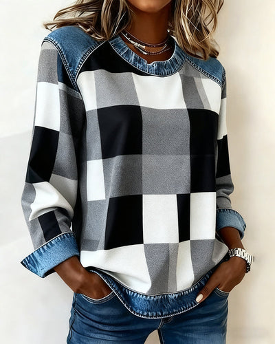 Laluna® | Sweatshirt with Check Patchwork and Contrast Color