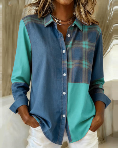 Laluna® | Shirt with Notched Collar and Checked Contrast Design