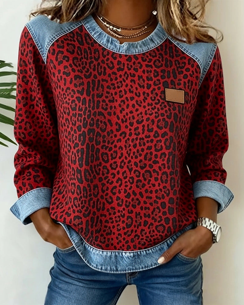 Laluna® | Sweatshirt Leopard Print Denim Patchwork