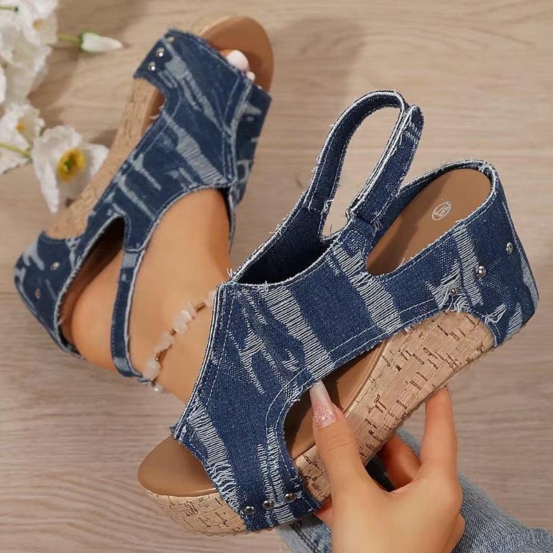DenimLift - Women Cork Denim Wedge Sandals