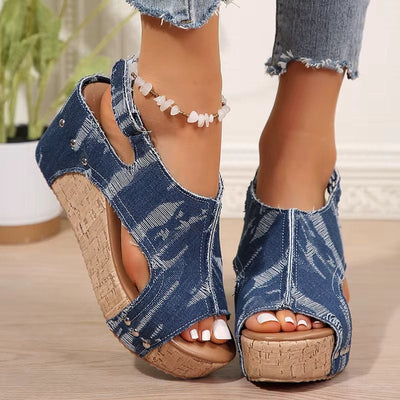 DenimLift - Women Cork Denim Wedge Sandals