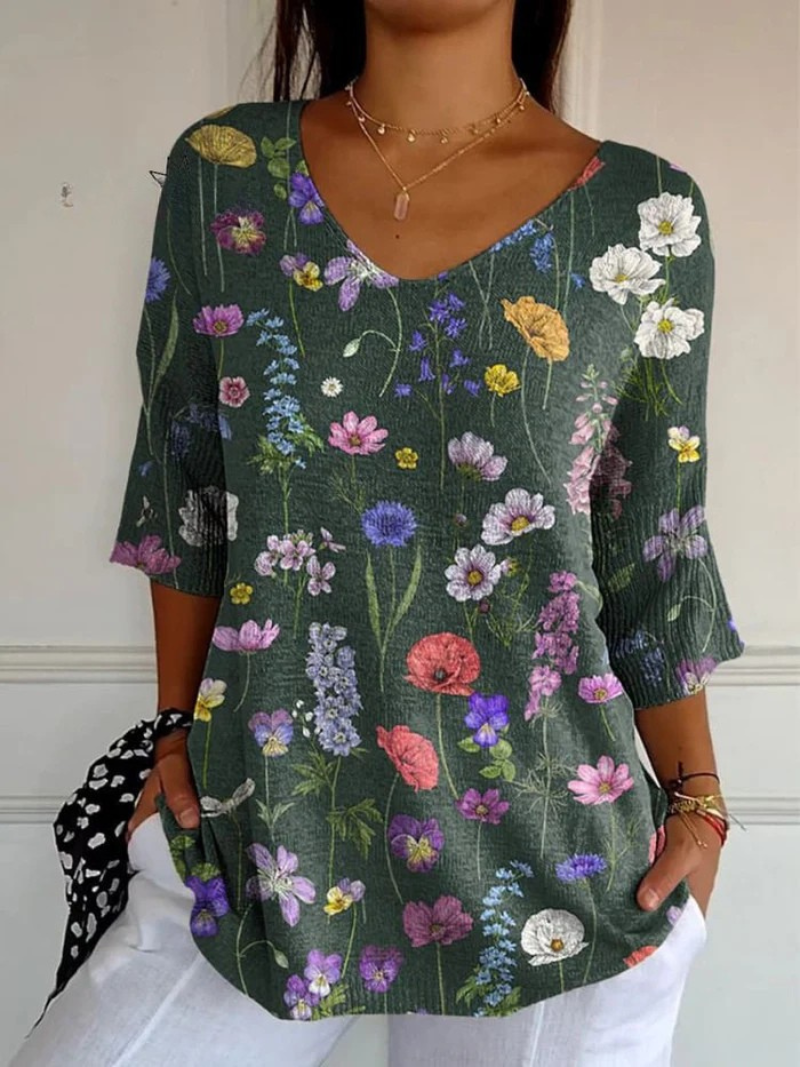 Hazel™ | Vibrant Spring Botanical Garden Print Casual Pullover Knit