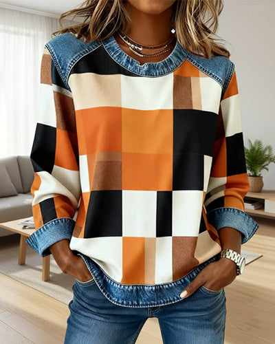 Laluna® | Sweatshirt with Check Patchwork and Contrast Color